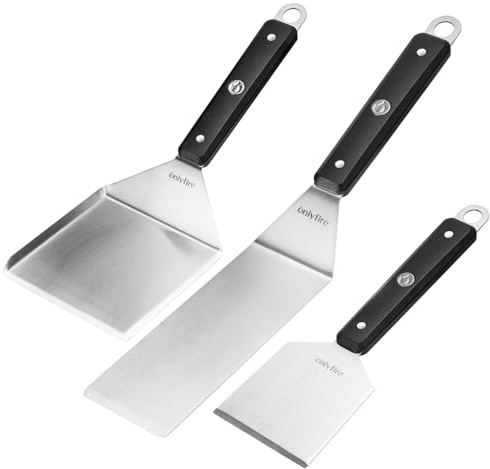 Onlyfire 3-delars Grill- och Stekbordsset i Rostfritt Stål - Inkluderar Bred Stekspade med Kant, Lång Stekspade och Stekskrapa - Professionella Tillbehör för Grill, Teppanyaki och Smashburgare
