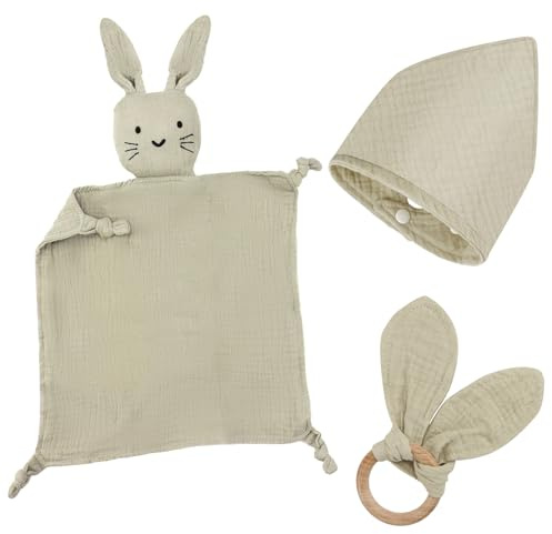 Baby Geschenk Junge Mädchen Neugeborene Geschenkset Babygeschenke 3 Stück Geschenke zur Geburt mit Schnuffeltuch Hase und Beißring Holz und Lätzchen Baby für Neugeborenen Babyparty Sachen (Khaki)