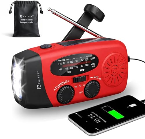 Radio Portable Urgence, AM/FM/WB Radio de Secours Auto-alimentée, Kit de Survie Complet, 2000mAh, Radios Dynamo à Manivelle avec Lampe de Poche, Fonction SOS, Powerbank, Idéale Camping, Randonnée