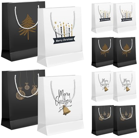 12 Stück XXL Geschenktüten Weihnachten Weihnachtstüten Groß, 27x21x11cm Verdickte Papiertüten Weihnachten mit Henkel, Papier Geschenktaschen Weihnachte für Geschenke, Geschenkverpackung Weihnachte