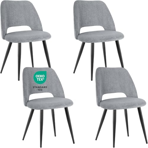 JIJIAN Esszimmerstühle 4er Set, Stühle Esszimmer, Küchenstühle, Wohnzimmer Essstühle mit Ausschnitt Rückenlehne Streifen Samt Stuhl, Gepolsterte Stühle für Esszimmer, Küche, Schlafzimmer, Grau