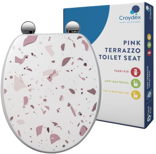 Croydex Pink Terrazzo Wooden Toilet Seat, Adjustable Flexi-Fix Hinges | Antibacterial Treatment | Fits most standard UK toilet pans | Trendy design | Top and bottom fixings | Durable Bathroom Decor