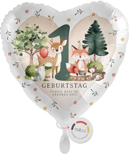 balloa Folienballon XXL Herz Waldtiere, Geschenk zum 1. Geburtstag, Helium Ballon für Kindergeburtstag, Partydeko mit Fuchs Reh Igel Motiv, Kindergeburtstagsdekoration Jungen oder Mädchen, 53cm