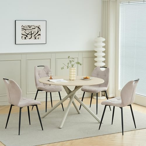 GrandCA HOME Conjunto de Mesa y Sillas de Comedor,Mesa Redonda de 115 CM y 4 Sillas Modernas de Lino para Comedor, Cocina y Sala de Estar (Amarillo Claro+Beige)