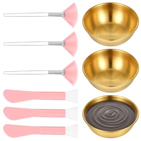 Juego de 9 cuencos faciales y pinceles para máscara, espátula para crema con 3 cuencos dorados, 3 mascarillas faciales de silicona y pinceles de abanico para el hogar, salón de belleza, spa