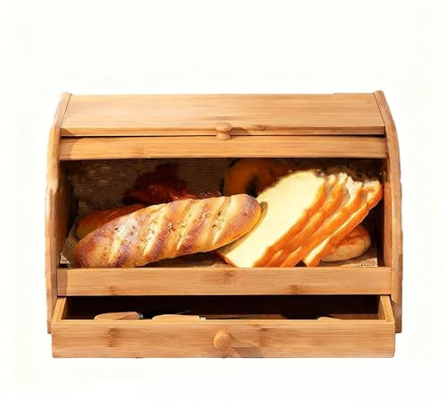 QJHSSM Boite a pain en bambou à couvercle roulant avec tiroir de rangement pour couverts, huche à pain à 2 niveaux pour le rangement sur le plan de travail de la cuisine