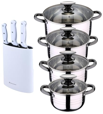 Bateria 8pc acero inoxidable apta para inducción Colección San Ignacio Premium + Bergner NATURALLY Set de 3 Cuchillos con Tacoma en Acero inoxidable