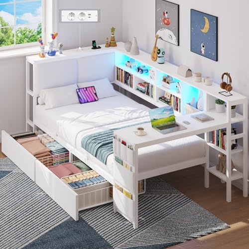 Brinlawb Schlafsofa mit LED-Beleuchtung und Ladestation, Jugendbett 90x200 cm mit einem 35x112cm Tisch und Zwei großen Schubladen, Bett 90x200 Tagesbett mit polsterter Rückenlehne am Kopfteil, Weiß