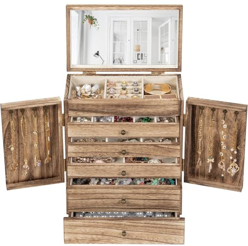 Emfogoo 6 Niveaux Boîte à Bijoux Femmes, Grande Boîte à Bijoux Rustique en Bois avec Miroir, Boîte de Rangement à Bijoux pour Bagues, Boucles d'oreilles, Colliers, Bracelets (Rétro Brown)