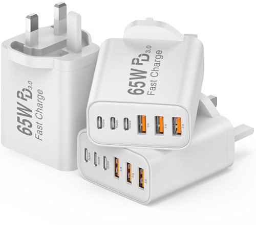 QZIIW USB C Plug Fast Charge, 3Pack Multi Port 65W USB Charger Plug UK, 6-Port GaN Fast Charger, PD QC 3.0 Type C & USB A Power Adapter for iPhone 17 16 15 14 13 12 11 Pro Max SE, iPad, Samsung Galaxy