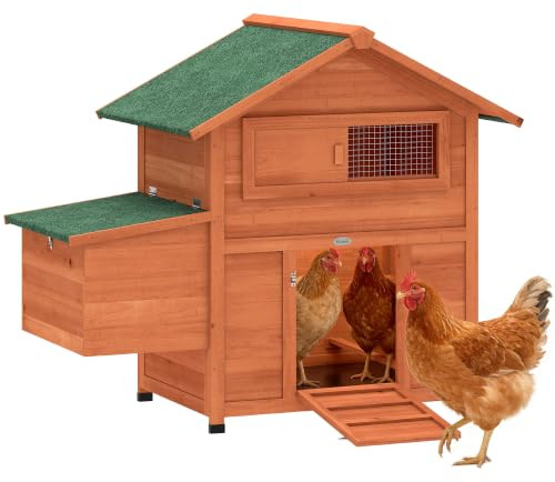 PawHut Hühnerstall Winterfest Nistkasten für 2 Hühner 113,5x67,5x95,5cm | Hühnerhaus Holz, 2 Sitzstangen, Rampe, Schiebefenster, Wasserdichtes Dach, Herausziehbares Tablett, für Enten Kaninchen