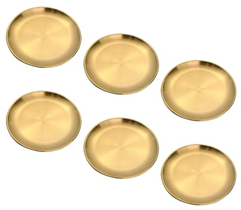 HOOTNEE Assiettes de Présentation Vaisselle Solide en Acier Inoxydable Doré Lot de 6 Plats Ronds Élégants et Résistants Bord Lisse pour Camping et Pique-niques