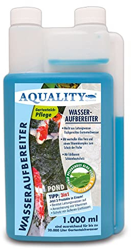 AQUALITY Gartenteich Wasseraufbereiter Pond 3in1 (Macht aus Leitungswasser fischgerechtes Teichwasser - Mit Aloe Vera, Vitamine - Schleimhautschutz), Inhalt:1 Liter
