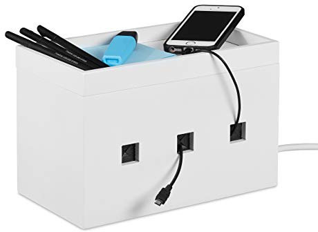 Relaxdays Portacavi in bambù, per Coprire Ciabatte e Cavi, Cable Management Box da Scrivania, HLP 16,5x25,5x14cm, Bianco