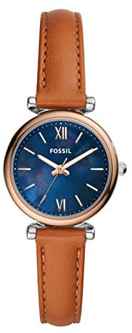 Fossil Damenuhr Carlie Mini, Quarzwerk, 28mm Silbernes Edelstahlgehäuse mit Lederarmband, ES4701