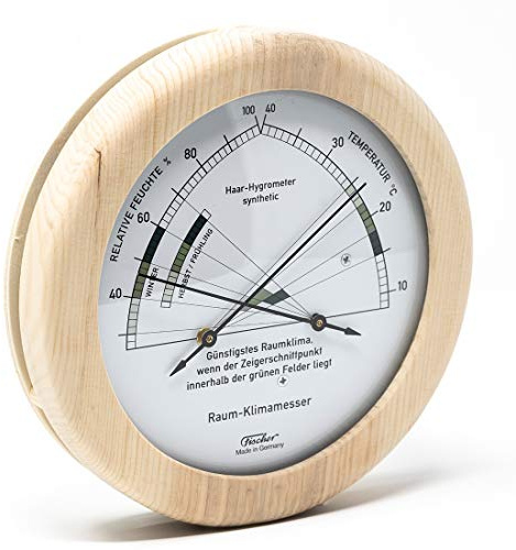 Fischer 1222-09, Wohnklima-Hygrometer u. Raum-Thermometer, Echtholz | Luftfeuchtigkeitsmesser aus, Messbereich 45-100 % r. F. und 10-40 °C, 130mm Durchmesser, Made in Germany