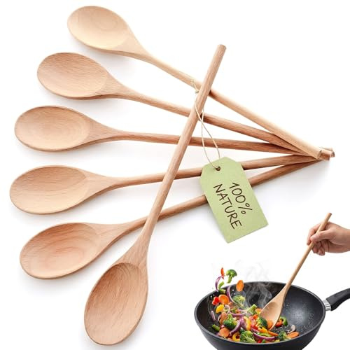 HANSGO Wooden Spoons for Cooking, 12 Inch Long Handle Mixing Spoons, 6 PCS