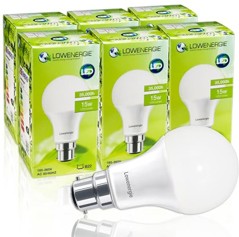 LOWENERGIE LED Light Bulb 15w B22 A65 GLS Energy Saving Lamp (Warm White 3000K (Day White 6500K, 6)