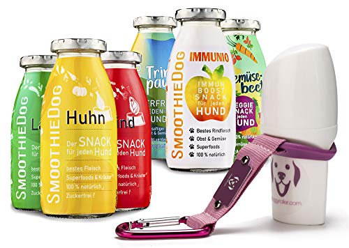Hunde Smoothie SmoothieDog 6er Mix + Doggyroller m. Halter, Karabiner Rosa - je 1x: Huhn, Rind, Lamm, Ente, Immunio, Veggie - Flüssiges Hundeleckerli - Zucker- & glutenfrei - Zubehör Hund - je 250ml
