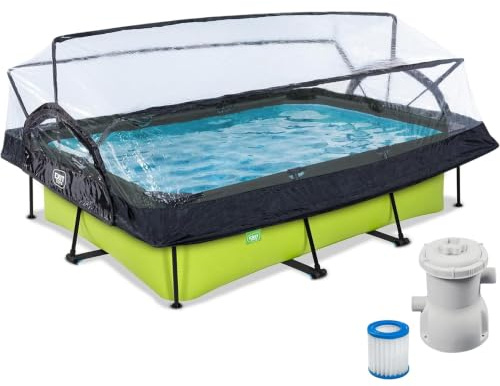 EXIT Toys Piscine Hors Sol Rectangulaire 300 x 200 x 65 cm avec Pompe Filtrante – avec Bâche Multifonctionnelle – Piscine Tubulaire à Cadre Acier – Certifiée TÜV CE en 16582 – Lime – Vert
