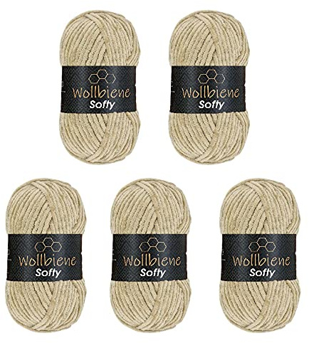 Wollbiene Softy 5 x 100 Gramm chenille wolle zum häkeln Strickwolle, Babywolle, 500 Gramm Chenille Wolle Super Bulky crochet yarn (beige 05)