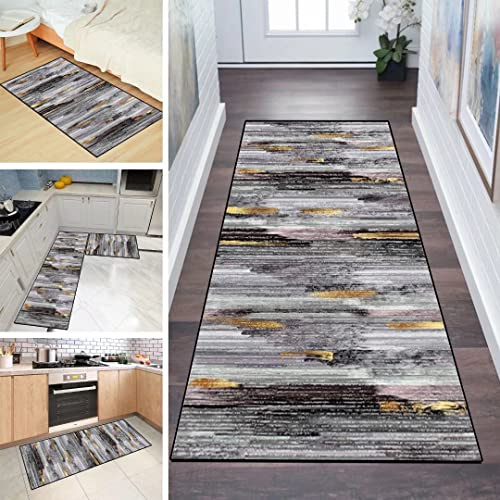 QQrunner Teppich Läufer Flur rutschfest 90x180cm Küchenteppich Modern Abstrakt Grau Waschbar Meterware Schlafzimmer Korridor Teppichläufer Lang, Länge Anpassbare, 60/70/ 80/90/ 100/110/ 120cm Breit