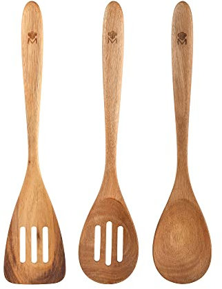 MasterPro Smart | Set d'ustensiles de cuisine | 3 cuillères en bois | En bois d'acacia | Adaptées au lave-vaisselle | Facile à nettoyer et à ranger Q4100