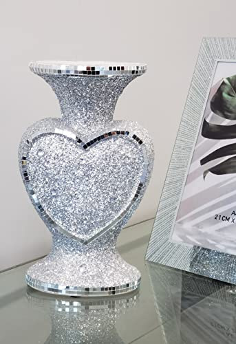 Deenz Heart Shape Crushed Diamond Glitter Silver Sparkle Flower Vase Luxury Home Decoration Flower Pot For Gift (30 CM)
