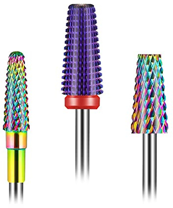3Pcs Nail Drill Bits Set, 5 in 1 Drill Bits for Nails 3/32 Inches, Tapered Barrel and Cone Shape Carbide Nail Drill Bits for Acrylic or Gel Remover (Rainbow)