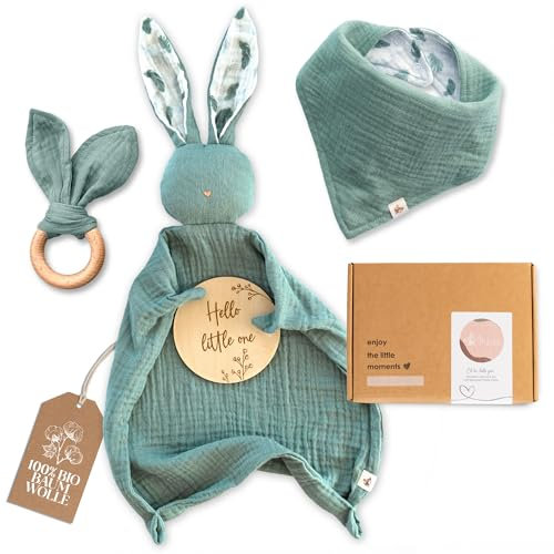 Mikito Set Neonato, Accessori Utili in Cotone Naturale Bio Mussola con Doudou, Massaggia Gengive, Bavaglino neonato. Unisex, Idea regalo maschio o femmina per baby shower, neo genitori