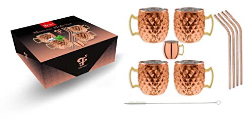 ich-zapfe 450 ml Diamond Moscow Mule Becher Set Kupfer 4er Set Kupferbecher, 4 Trinkhalme, 1 Mini Moscow Mule Jigger & Shot, 1 Reinigungsbürste für Strohhalme, um Gin Vodka Cocktails zu Genießen