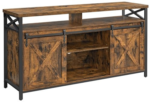 VASAGLE Mueble para TV, Soporte para TV de 65 Pulgadas, con Estantes Ajustables, Puertas de Granero, Diseño de Granja, Marco de Metal, Marrón Rústico y Negro LTV071B01V1