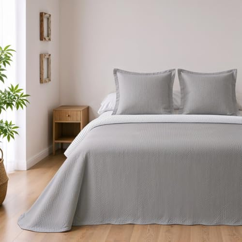 BOHEME Copriletto reversibile in microfibra, grigio, per letto da 180 cm, con 2 federe, 270 x 270 cm, leggero e traspirante, ideale per il tempo libero
