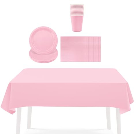 Aisszhao Solid Color Pink Tableware Set Decor,20 Paper Napkins 16 Cups Plates in Pink,1P Large Plastic Tablecloth Disposable Birthday Decorations for Him,Her, Men,Women,Adults Party,Kids Party