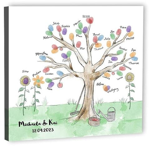 galleryy.net Fingerabdruck-Leinwand Hochzeit Leinwand 80x80 cm - Individuell mit Namen & Datum - INKL. Zubehör-set mit Stempelkissen, Stift und Hochzeitsbuch - Motiv - Baum Garten