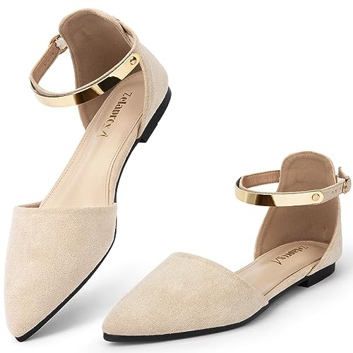 Zelaprox Women's Black Pointed Toe Flats Dressy Shoe Fancy Gold Ankle Strap