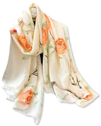 LumiSyne Seidenschal Damen Bunte Blumen Schmetterling Muster Mode Eleganten Stil Lange Große Schals Leicht Warme Halstücher Stola Sonnencreme Kopftuch Strand Wrap Ganzjährig