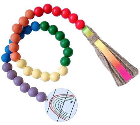 1 Stück Schnur Regenbogen Holz perlen Quaste Regenbogenfarbene Holzperlen-Quastenschnur Heimdekorationsbehänge Haushalt hängende Perlen Holzperlenkette Kranz Kind Anhänger Hanfseil