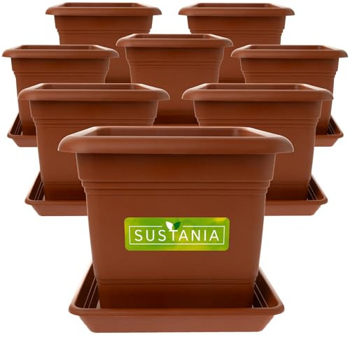 Sustania Vaso per piante quadrato 28x28 terracotta set di 8 - Robusto vaso da fiori grande, fioriera ideale per piante di pomodoro, vasi per piante quadrati in plastica per giardino e balcone