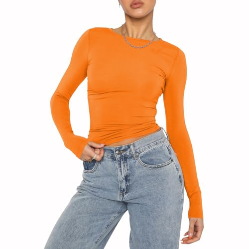 Mujeres Casual Crop Tops Slim Fit Top Cuello Redondo Manga Larga T-Shirt Basic Blusa tee Tops(Orange-9,XS)