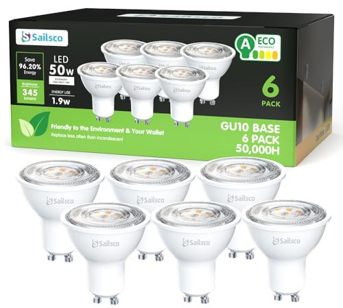 sailsco Classe A Lampadina GU10 LED bianco freddo, 1,9 W equivalente 50 W, 345 lm, 6500 K, lampadina LED GU10, bianco freddo, angolo del fascio di 36 gradi, non dimmerabile, confezione da 6
