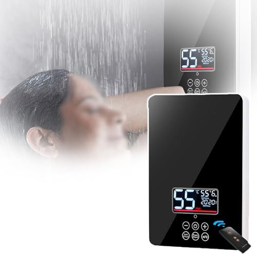 QIeAny Tankless Water Heater Electric(5L),Overheating Protection,Digital Display/6KW,Remote Control + Touch Screen,Temperature Control: (30-55℃),Tempered Glass Panel,for Bathroom/kitchen,Black