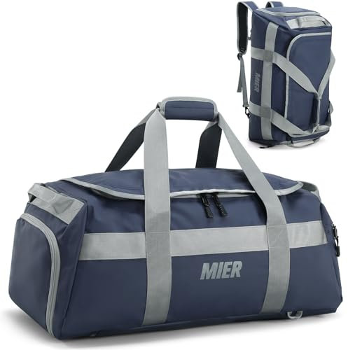 MIER Sporttasche für Herren, großer Seesack mit Schuhfach, 60 l, wandelbare Reisetasche, Wochenendtasche, Übernachtungstasche, für Fitnessstudio, Sport, Reisen, Blau, Large, Rucksackreisen
