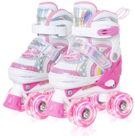 Girls Roller Skates for Little Kids Toddler Ages 5-8 4 5 6 7, 4 Size Adjustable Rainbow Unicorn Quad Skates with All Light Up Wheels - Best Birthday Gift for Outdoor Sports