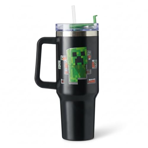 Minecraft Creeper 1200ml Insulated Stainless Steel Tumbler with Handle & Straw, Double‑Walled Vacuum Travel Mug for Cold & Hot Drinks, Black