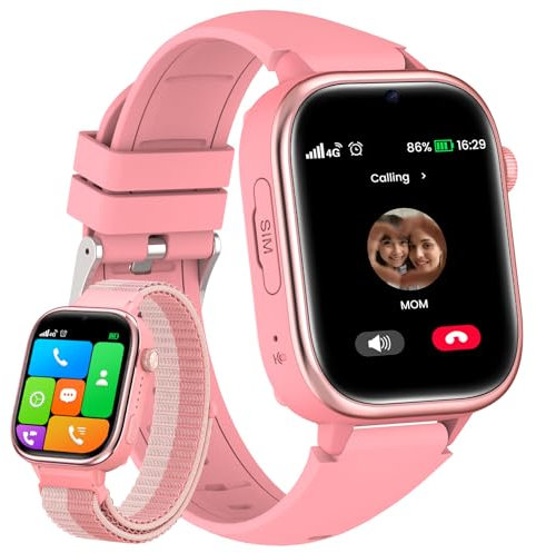 SWGOTA 4G Smartwatch Kinder, Kinderuhr mit GPS, SIM, Videoanrufe, SOS, IP68 Wasserdicht, Schulmodus, Telefonfunktion Schrittzähler Voice Chat Wecker, Geschenk für Mädchen und Jungen 3-14 Jahren Rosa