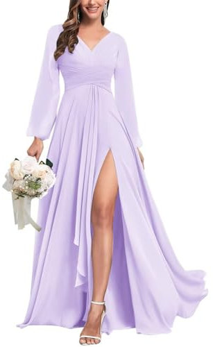 KURFACE Vestidos de dama de honor de manga larga para mujer, plisados, cuello en V, vestido formal de fiesta para otoño, boda, Lila, 34