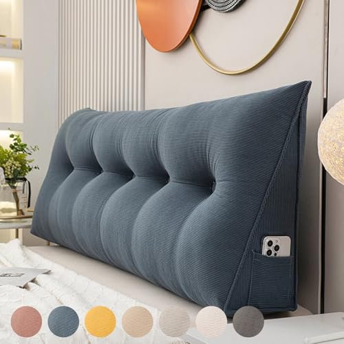 Rückenkissen Bett 200cm Marineblau, Große Bettkissen Rückenlehne Kissen Wand, Cord Keil Kopfteil Kissen Rückenstützkissen, Wasserdicht Rückenpolster Wand, Waschbar Dreieckige Rückenstütze mit Tasche