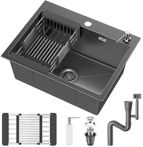 Fregadero Cocina 60 x 45cm,Fregadero Cocina en Acero Inoxidable,Fregadero Bajo Encimera o Sobre Encimera con Filtro de Drenaje,Sifón e Juego de Desagüe