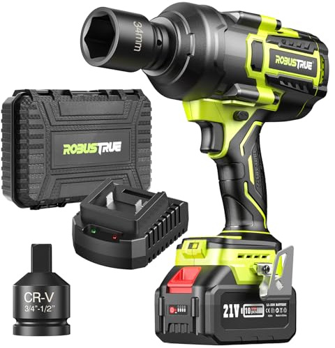 Robustrue - 1500ft/2000N.m high torque impact wrench, 3/4 to 1/2 brushless impact gun, 5.0Ah cordless battery, fast charger, electric impact wrench for trucks
